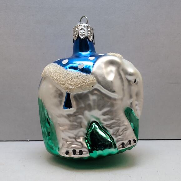 Glass Elephant Ornament Poland Green Blue White Glitter - Picture 2 of 6